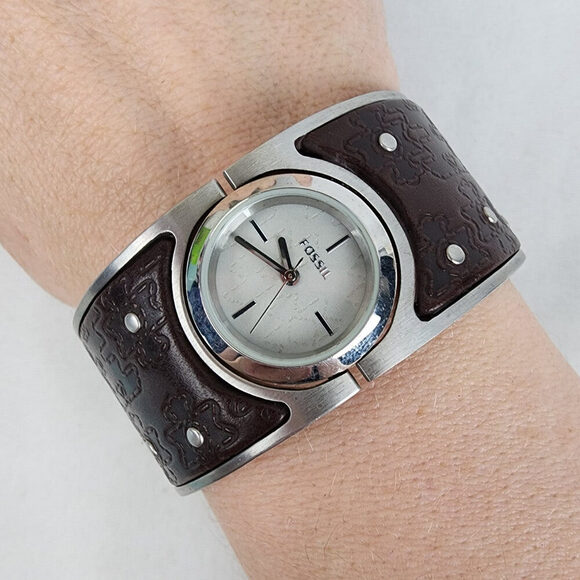 Fossil Brown Leather Silver Hinge Bracelet Watch - Picture 1 of 8